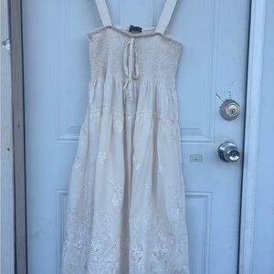 Smocked Cream Eyelet Midi Dress - Unbranded